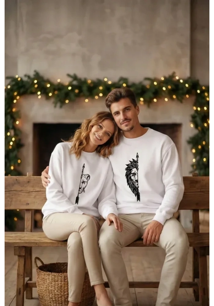 Sevgililer Günü Özel Bisiklet Yaka Aslan Baskılı Oversize Sweatshirt - Beyaz