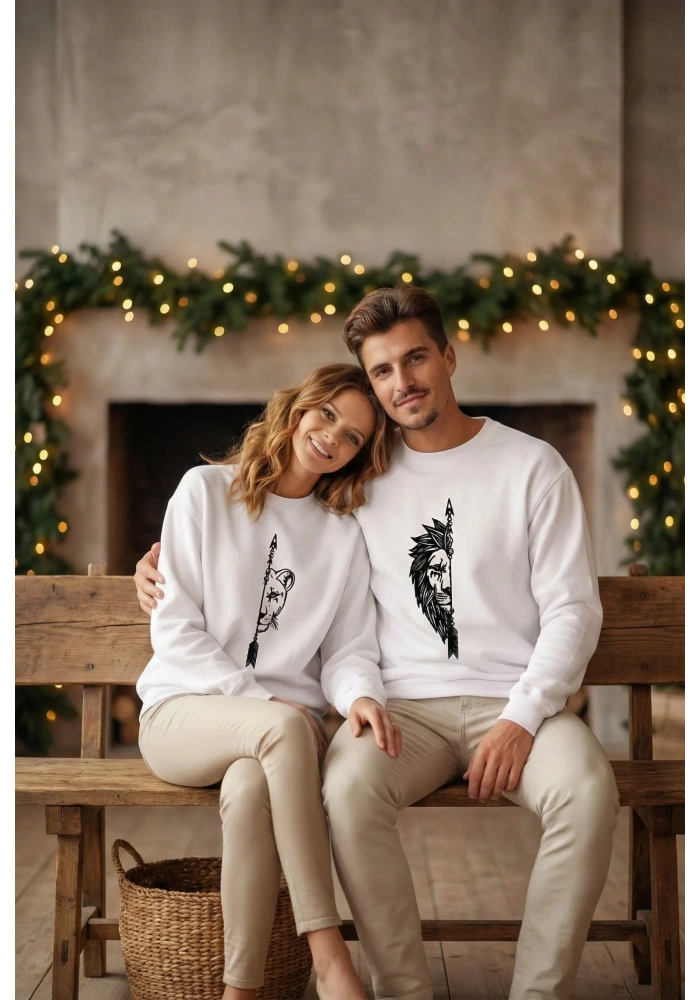 Sevgililer Günü Özel Bisiklet Yaka Aslan Baskılı Oversize Sweatshirt - Beyaz