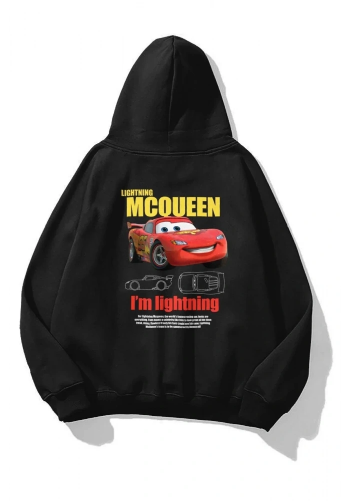 Sevgililer Günü Özel Kapüşonlu Araba Baskılı Oversize Sweatshirt - Siyah