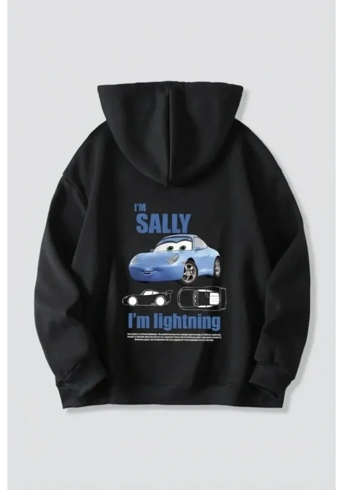 Sevgililer Günü Özel Kapüşonlu Araba Baskılı Oversize Sweatshirt - Siyah