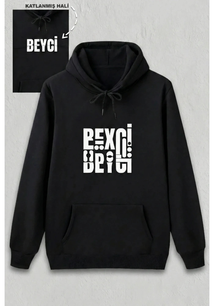 Sevgililer Günü Özel Kapüşonlu Beyci Baskılı Oversize Sweatshirt - Siyah