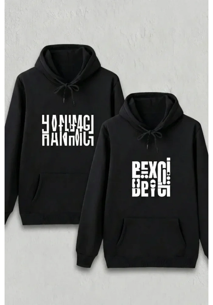 Sevgililer Günü Özel Kapüşonlu Beyci Baskılı Oversize Sweatshirt - Siyah