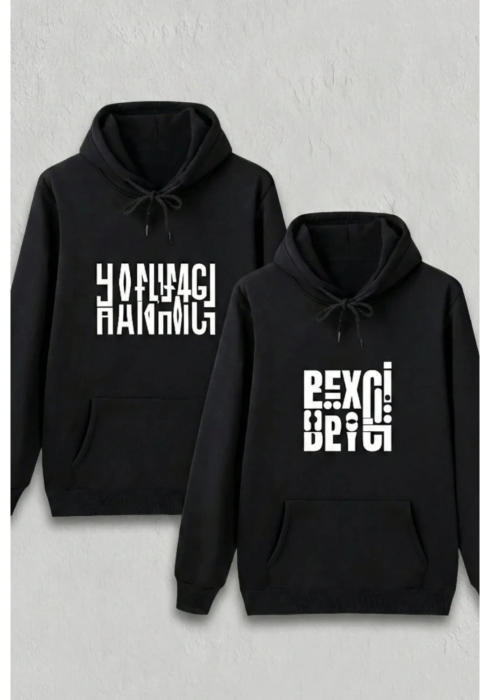 Sevgililer Günü Özel Kapüşonlu Beyci Baskılı Oversize Sweatshirt - Siyah