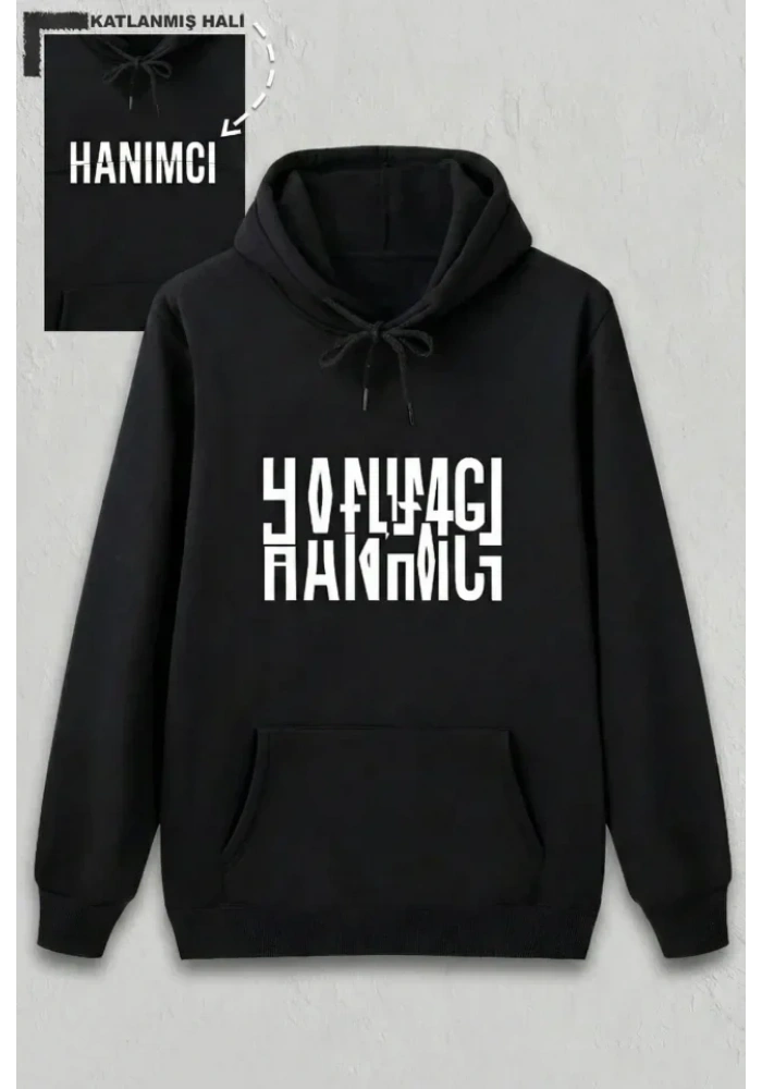 Sevgililer Günü Özel Kapüşonlu Hanımcı Baskılı Oversize Sweatshirt - Siyah