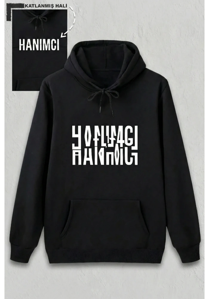 Sevgililer Günü Özel Kapüşonlu Hanımcı Baskılı Oversize Sweatshirt - Siyah