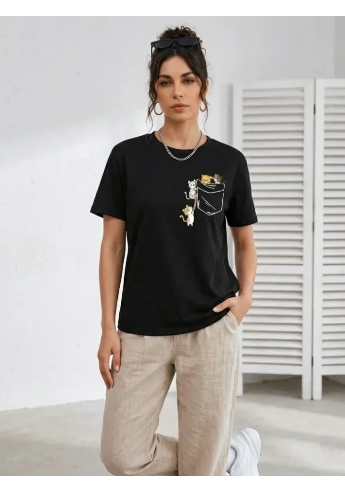 Sevimli Kedi Cep Baskılı Tişört Kısa Kol Yazlık T-Shirt - Siyah
