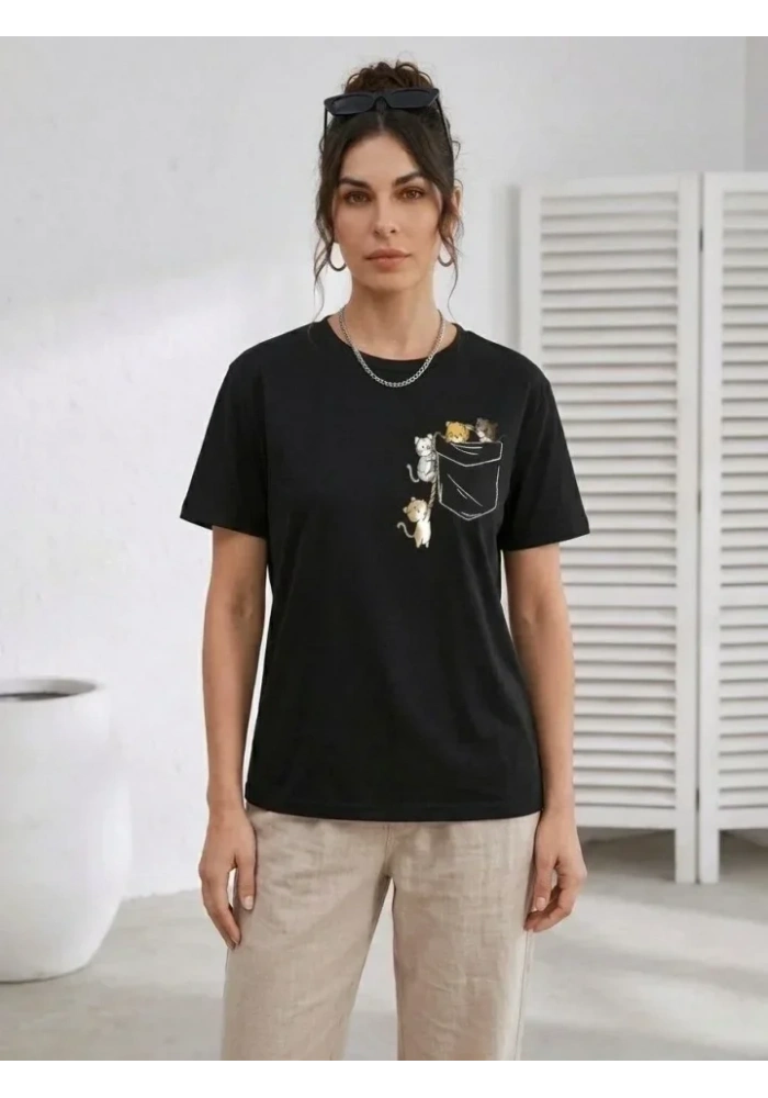 Sevimli Kedi Cep Baskılı Tişört Kısa Kol Yazlık T-Shirt - Siyah