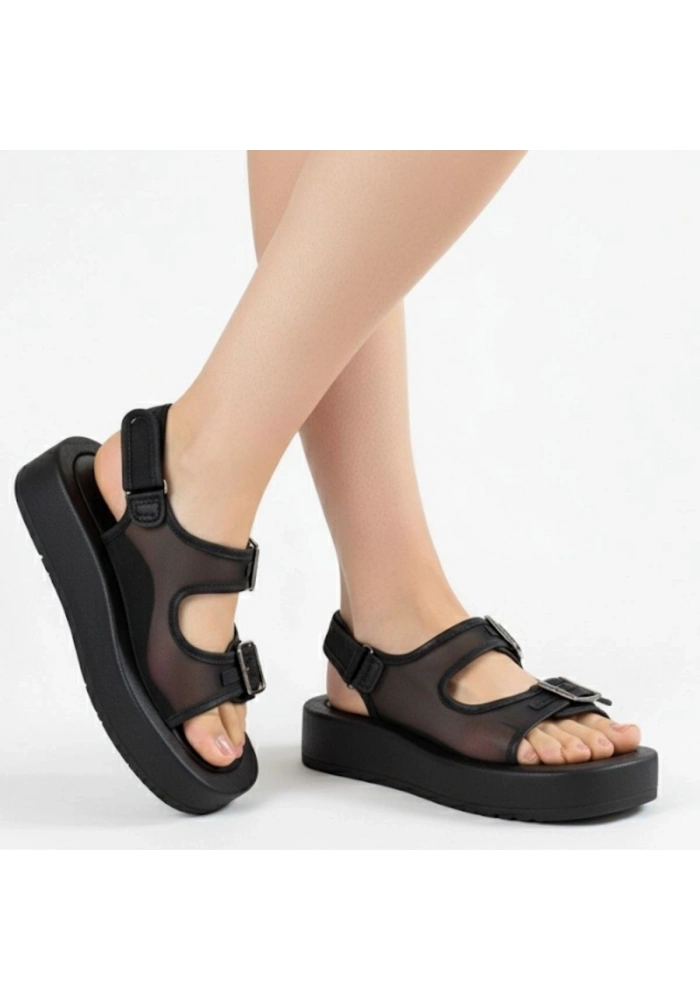 Sinna Siyah Cilt Tül Detaylı Sandalet