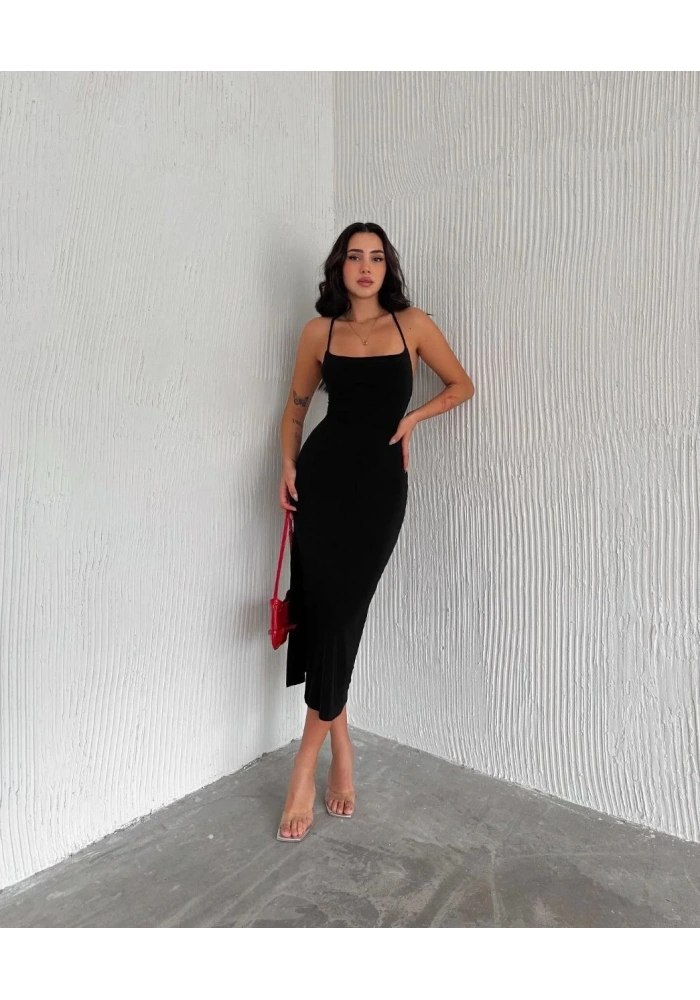 Sırt Bağlamalı Derin Yirtmaç Askılı Elbise - Siyah
