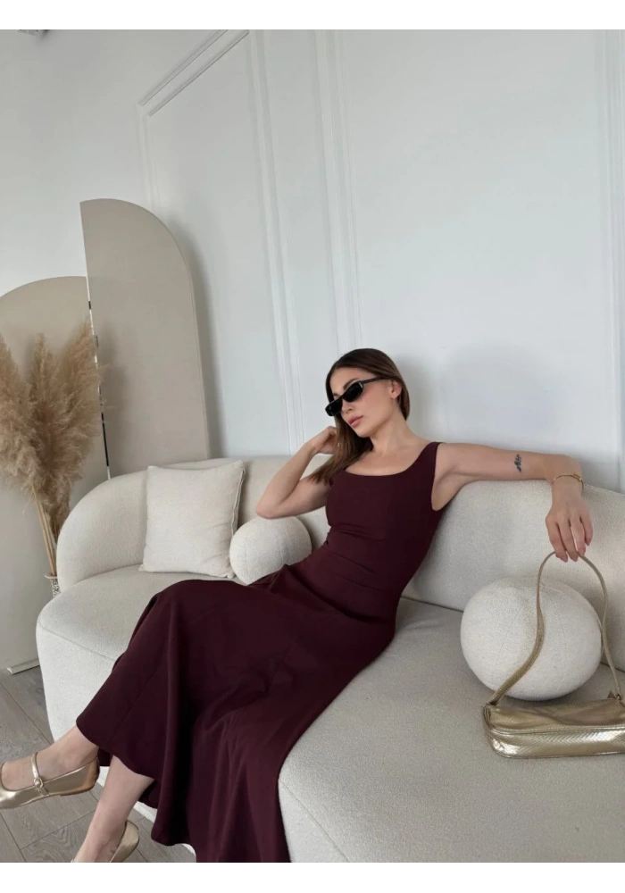 Sırt Dekolteli Kolsuz Uzun Elbise - Mürdüm