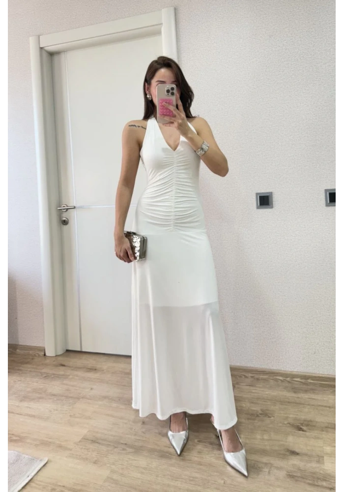 Sırt dekolteli Uzun Elbise - Beyaz