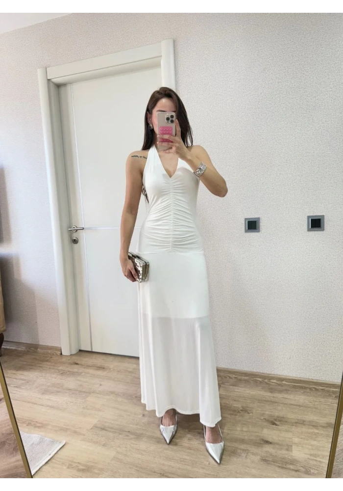 Sırt dekolteli Uzun Elbise - Beyaz