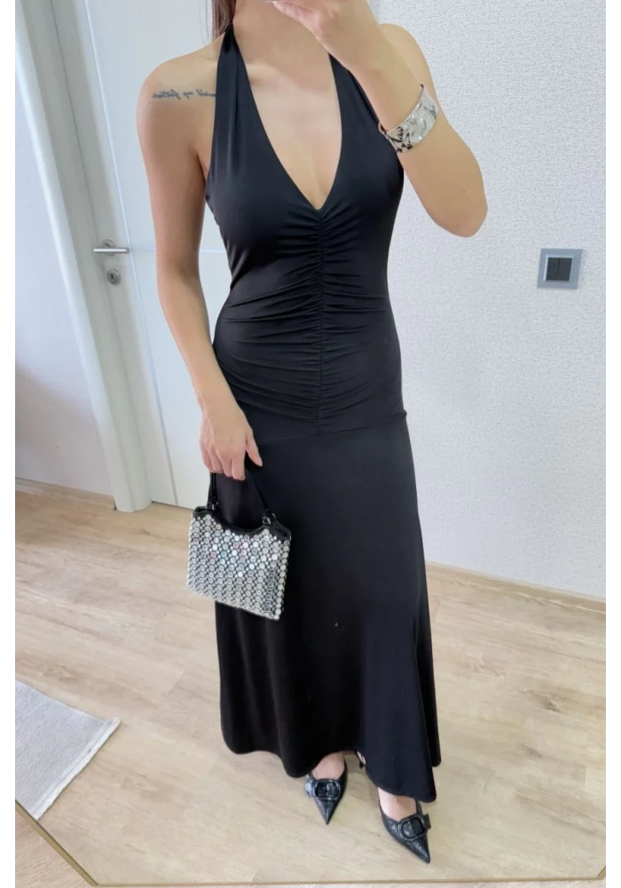 Sırt dekolteli Uzun Elbise - Siyah