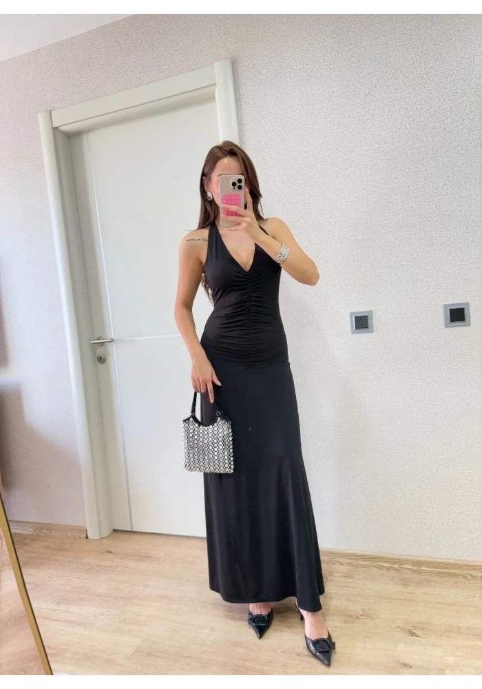 Sırt dekolteli Uzun Elbise - Siyah