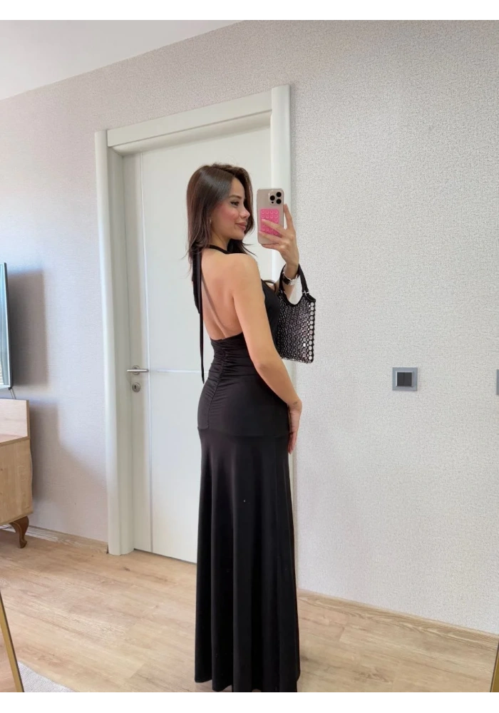 Sırt dekolteli Uzun Elbise - Siyah