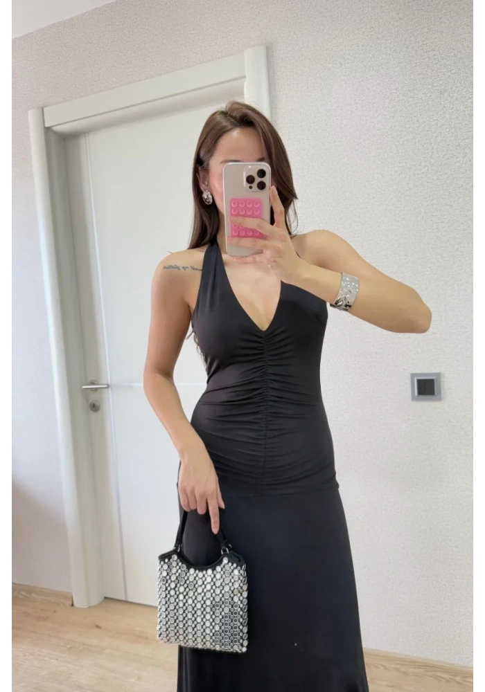 Sırt dekolteli Uzun Elbise - Siyah