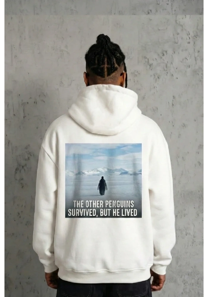 Erkek Survivor Penguin Baskılı 3 İplik Pamuklu Kapüşonlu Sweatshirt Hoodie Beyaz