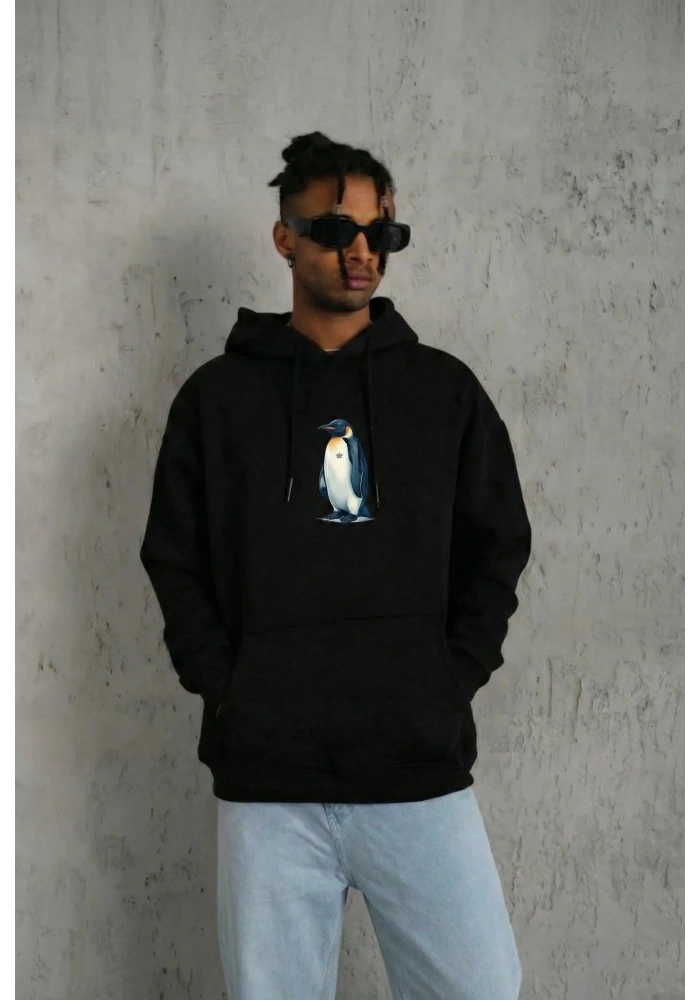 Erkek Survivor Penguin Baskılı 3 İplik Pamuklu Kapüşonlu Sweatshirt Hoodie Siyah
