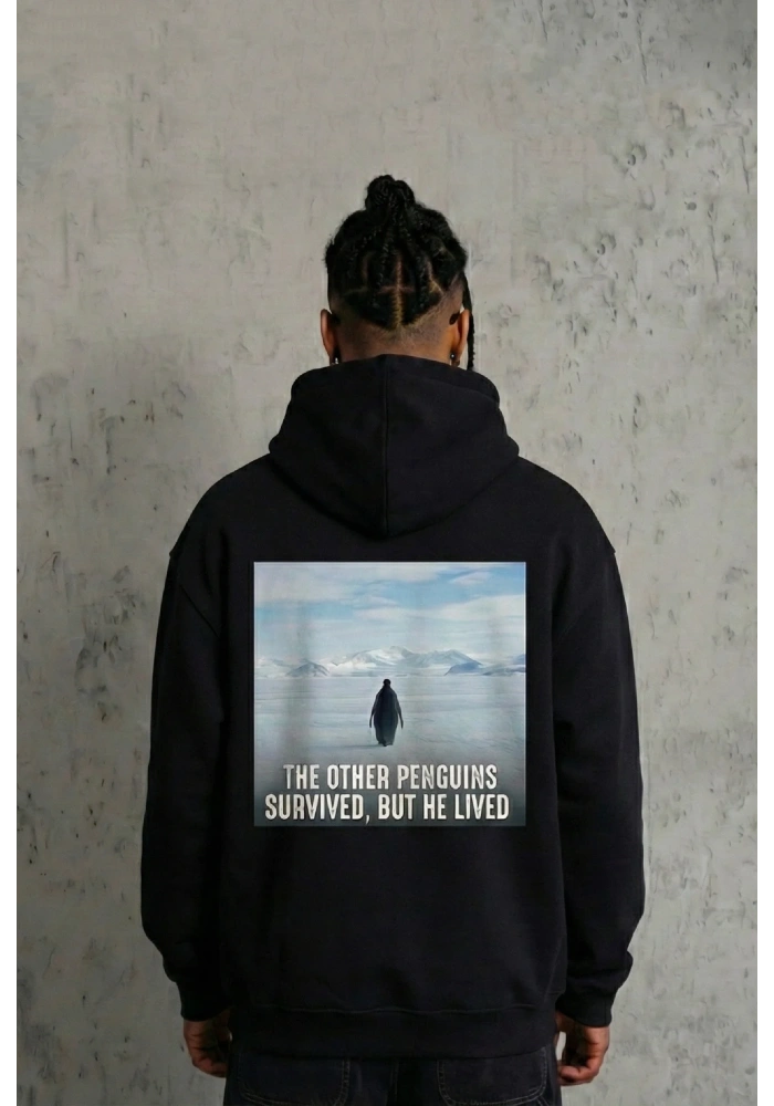 Erkek Survivor Penguin Baskılı 3 İplik Pamuklu Kapüşonlu Sweatshirt Hoodie Siyah