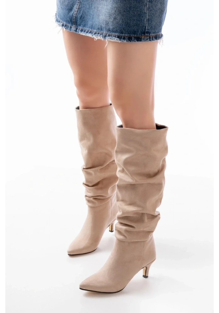 SR-2001 Bej Süet İnce Topuklu Günlük Bayan Çizme