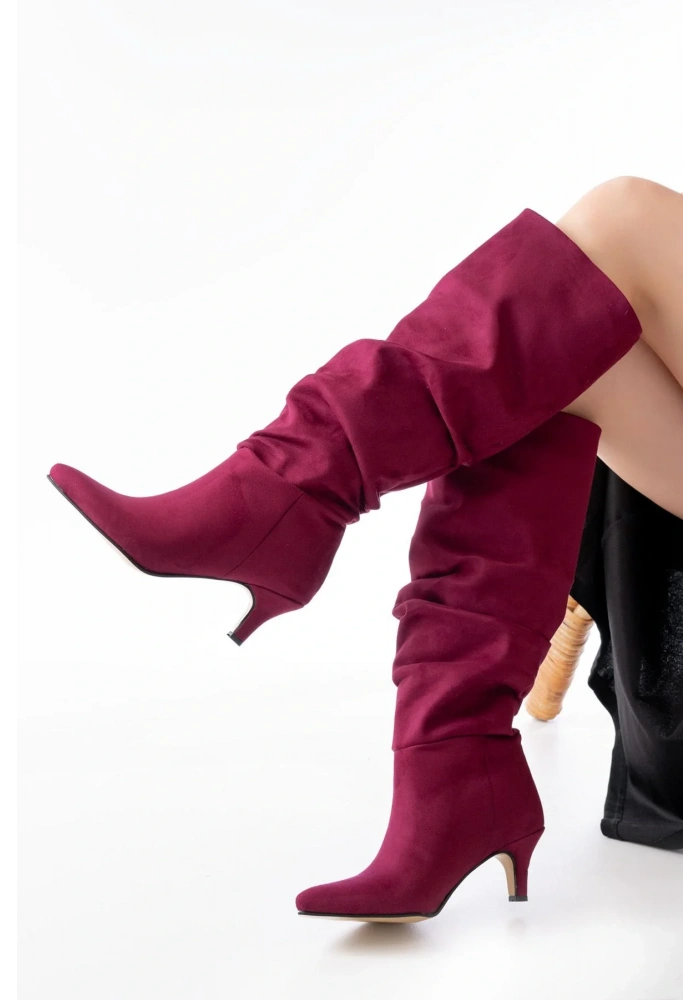 SR-2001 Bordo Süet İnce Topuklu Günlük Bayan Çizme