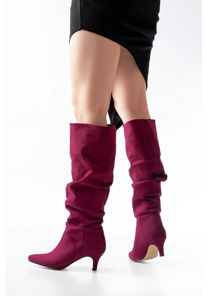 SR-2001 Bordo Süet İnce Topuklu Günlük Bayan Çizme