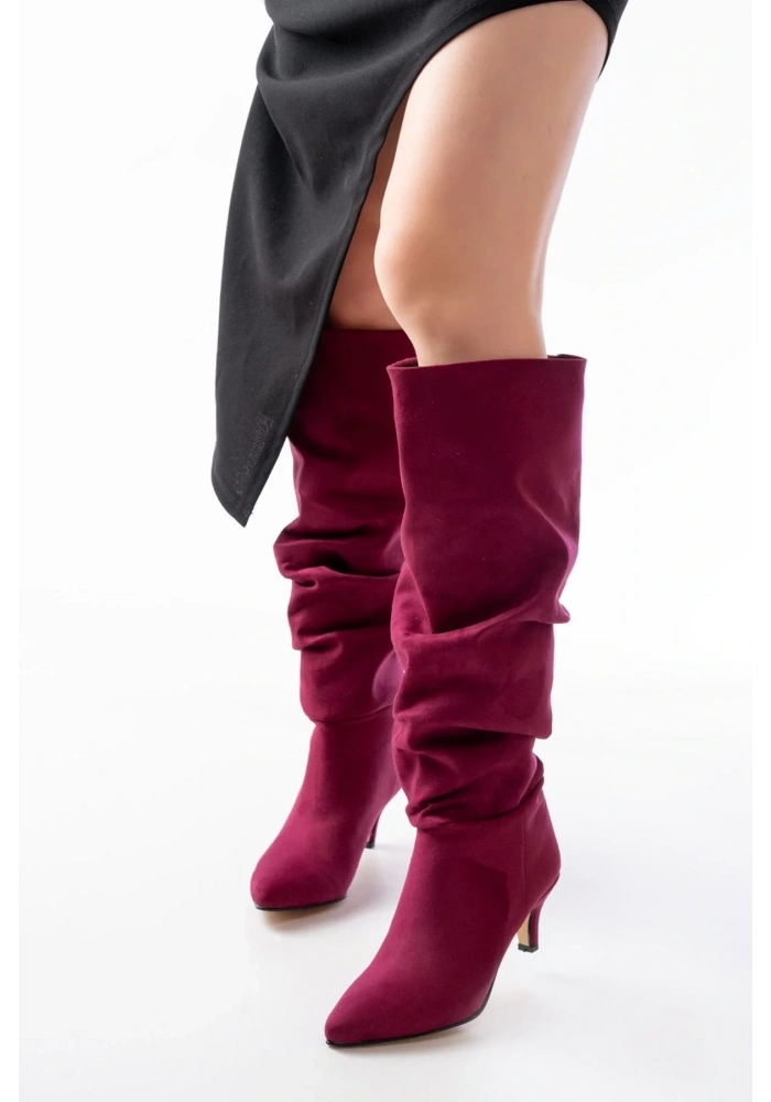 SR-2001 Bordo Süet İnce Topuklu Günlük Bayan Çizme