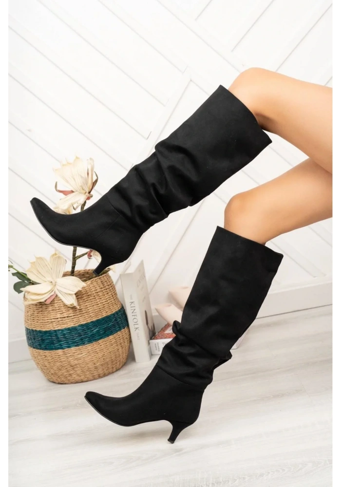 SR-2001 Siyah Süet Körüklü İnce Topuklu Günlük Bayan Çizme