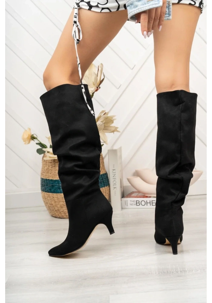 SR-2001 Siyah Süet Körüklü İnce Topuklu Günlük Bayan Çizme