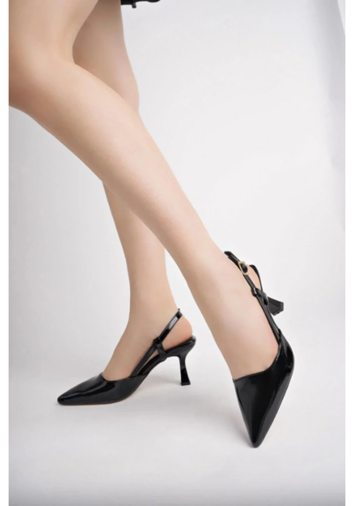 ST-002 Siyah Rugan Günlük 7 cm Topuklu Bayan Ayakkabı