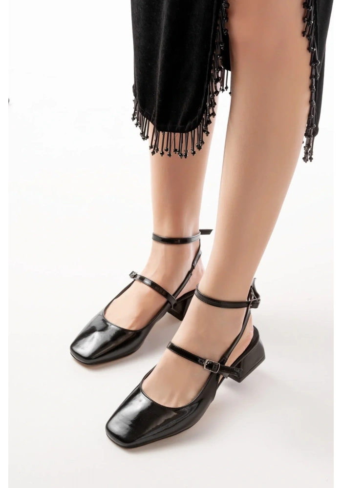 ST-003 Siyah Rugan Günlük 4 cm Topuklu Bayan Ayakkabı