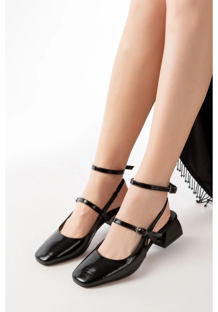 ST-003 Siyah Rugan Günlük 4 cm Topuklu Bayan Ayakkabı