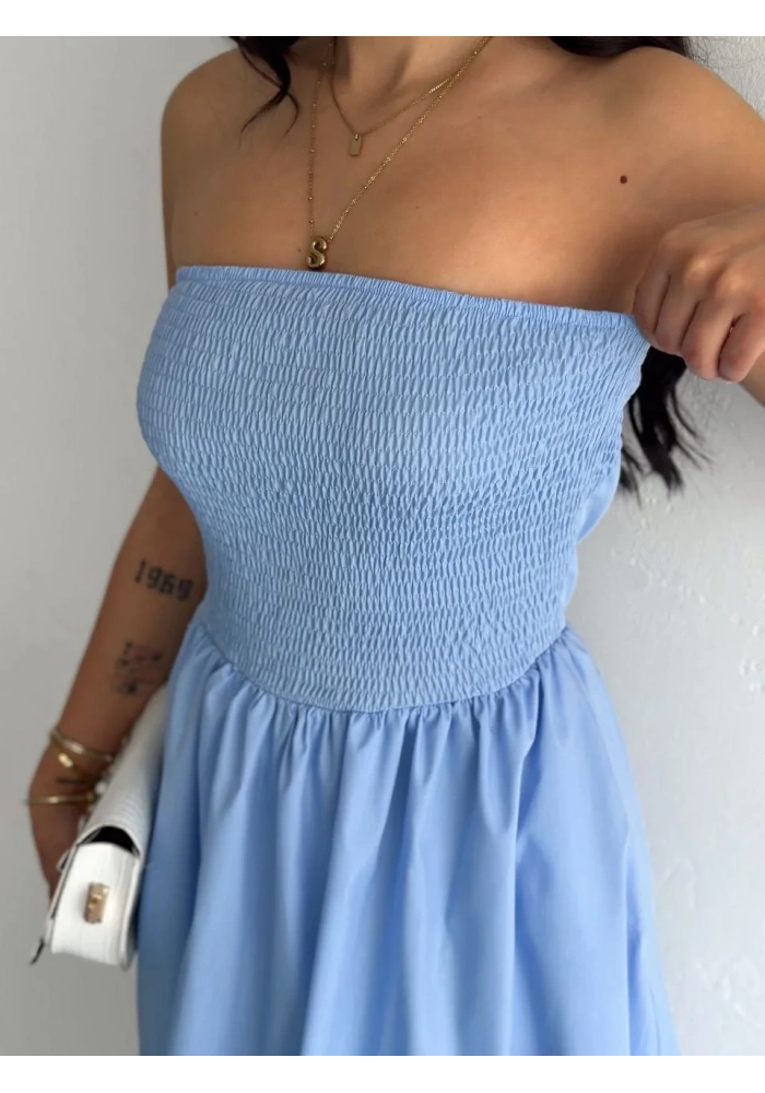 Straplez Pileli Elbise - Açık Mavi