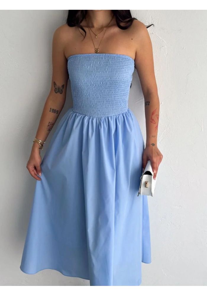 Straplez Pileli Elbise - Açık Mavi