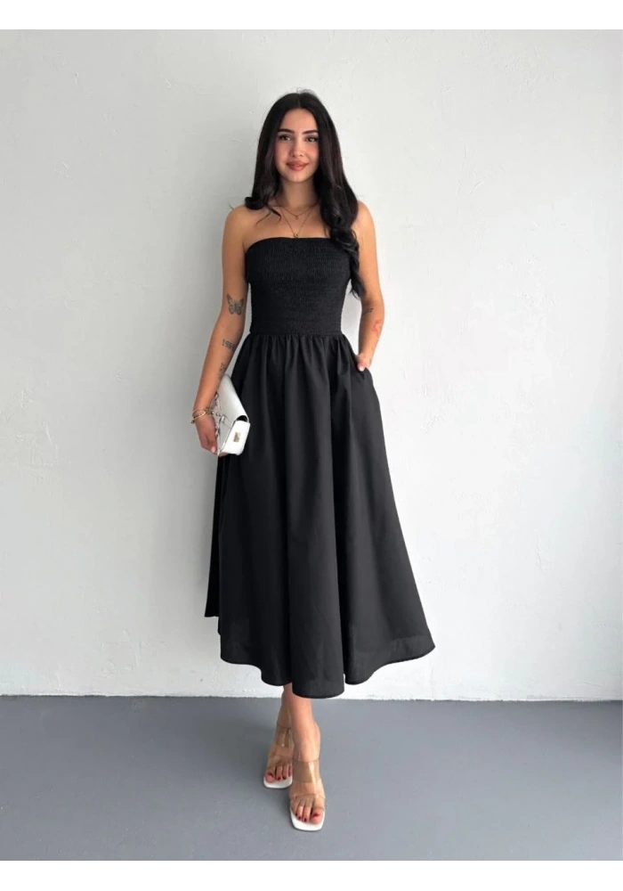 Straplez Pileli Elbise - Siyah