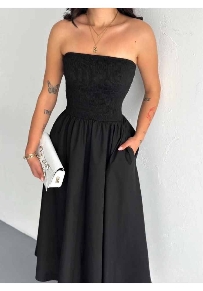 Straplez Pileli Elbise - Siyah