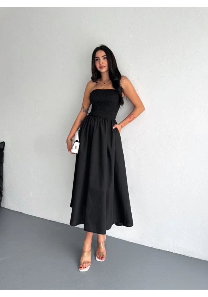 Straplez Pileli Elbise - Siyah