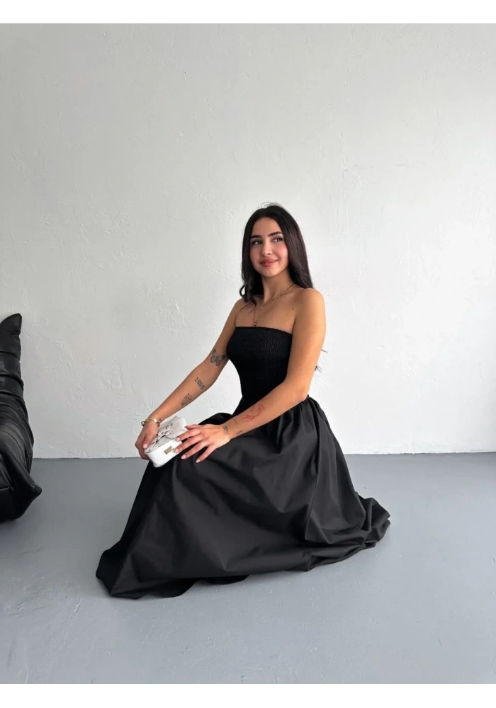 Straplez Pileli Elbise - Siyah