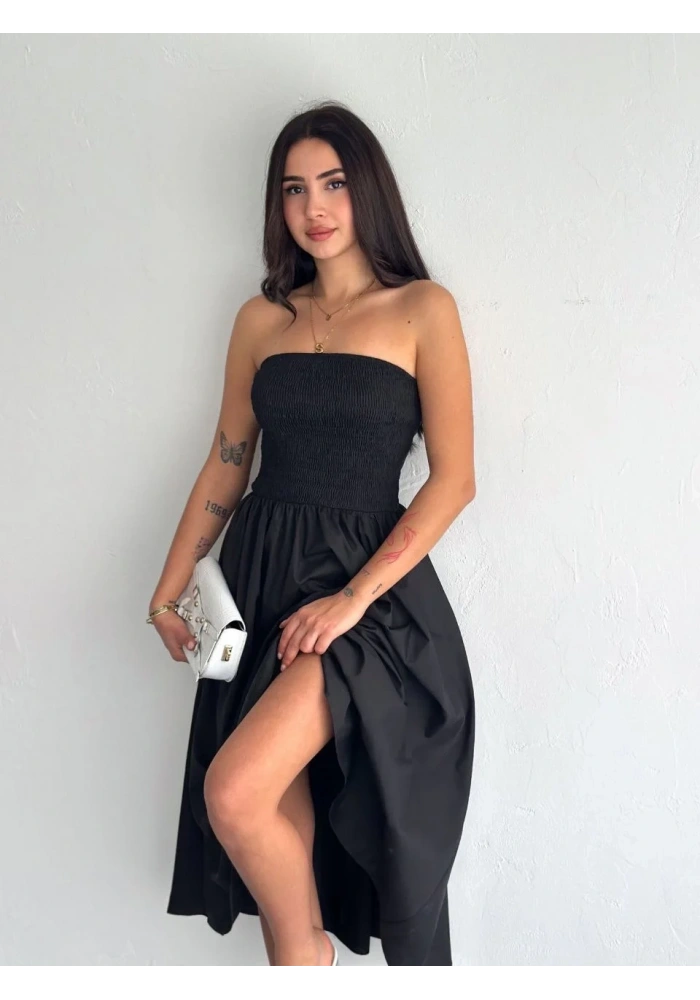 Straplez Pileli Elbise - Siyah