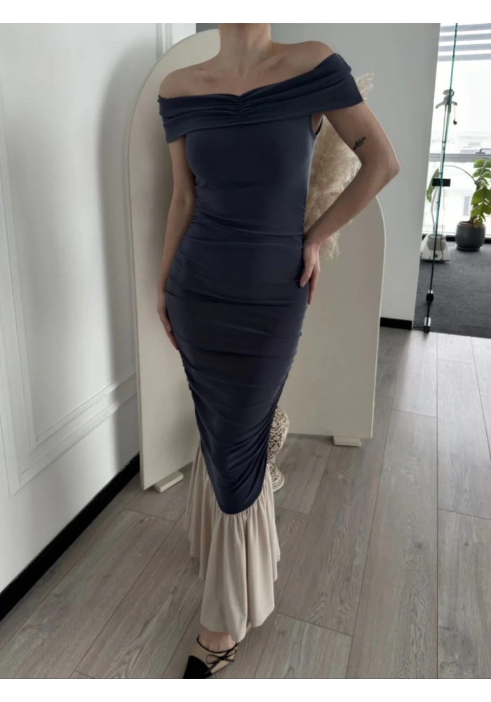 Striptiz Omuzlu Uzun Elbise- Füme