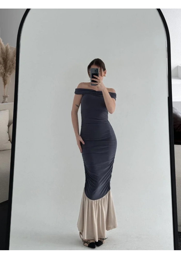 Striptiz Omuzlu Uzun Elbise- Füme