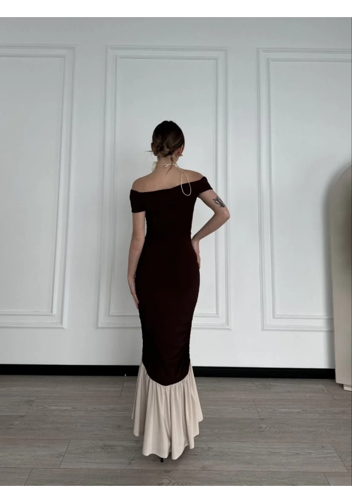 Striptiz Omuzlu Uzun Elbise - Kahve