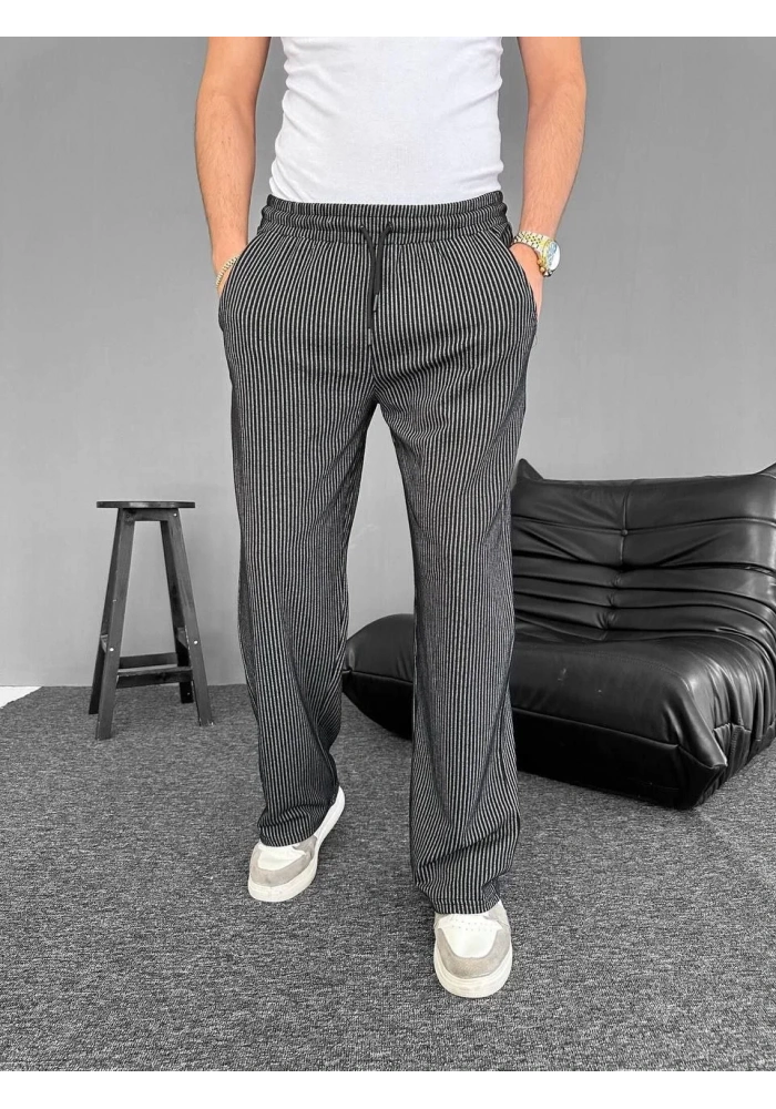 Su Yolu Çizgili Cepli Pantalon - Siyah