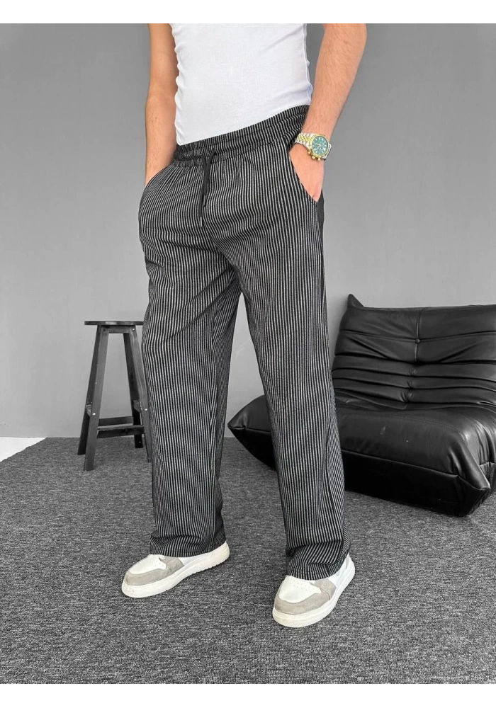Su Yolu Çizgili Cepli Pantalon - Siyah