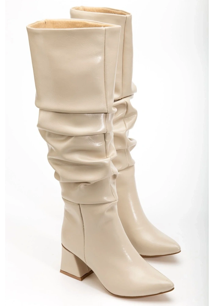 SYT-2002 Bej Kırışık Rugan Körüklü Kalın Topuklu Günlük Bayan Çizme