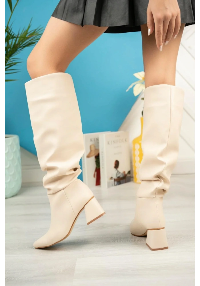 SYT-2002 Bej Körüklü Kalın Topuklu Günlük Bayan Çizme