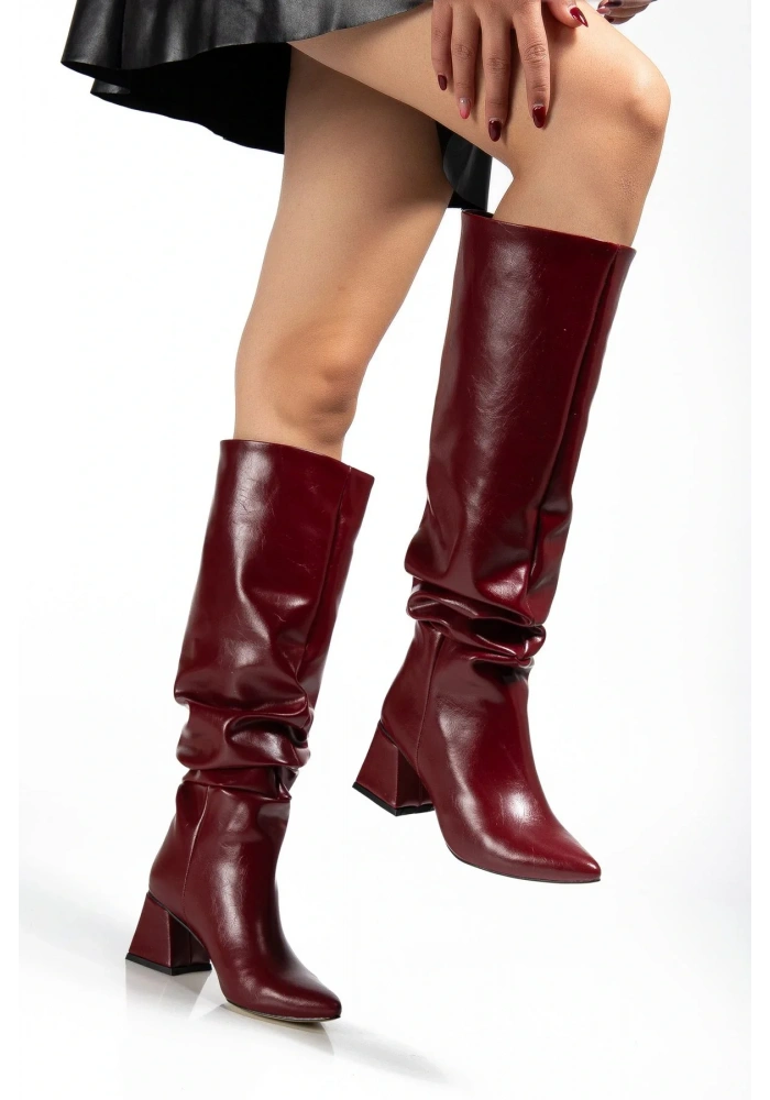 SYT-2002 Bordo Kırışık Rugan Körüklü Kalın Topuklu Günlük Bayan Çizme