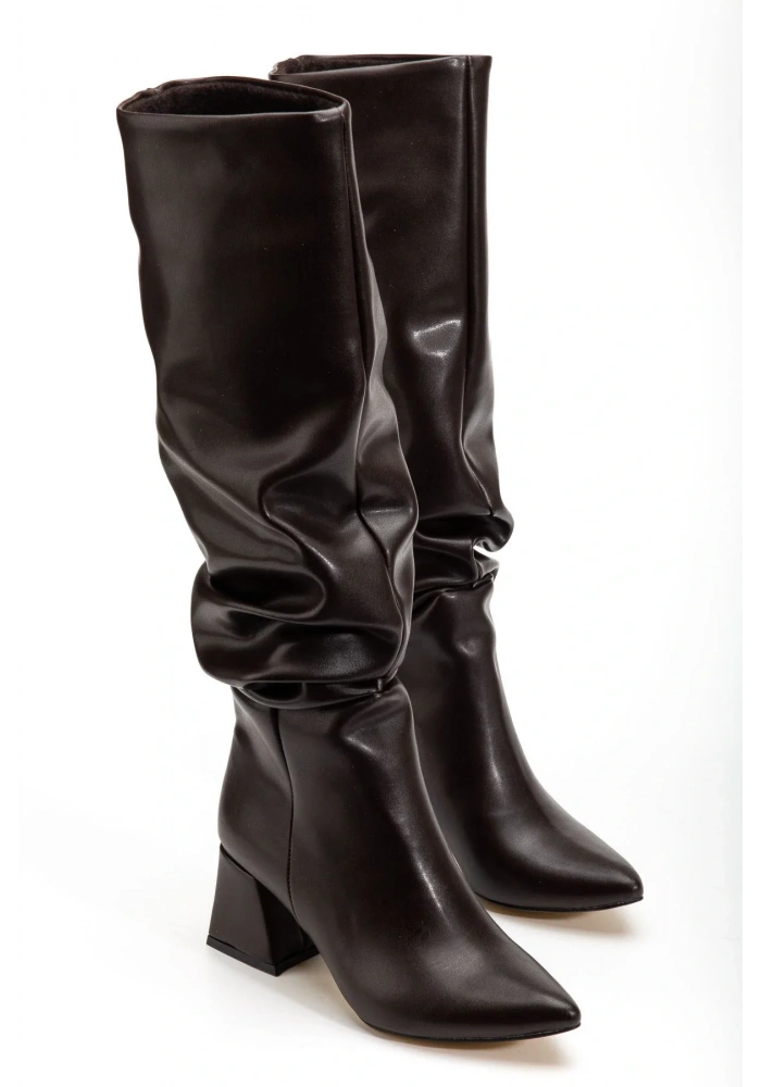 SYT-2002 Kahve Körüklü Kalın Topuklu Günlük Bayan Çizme