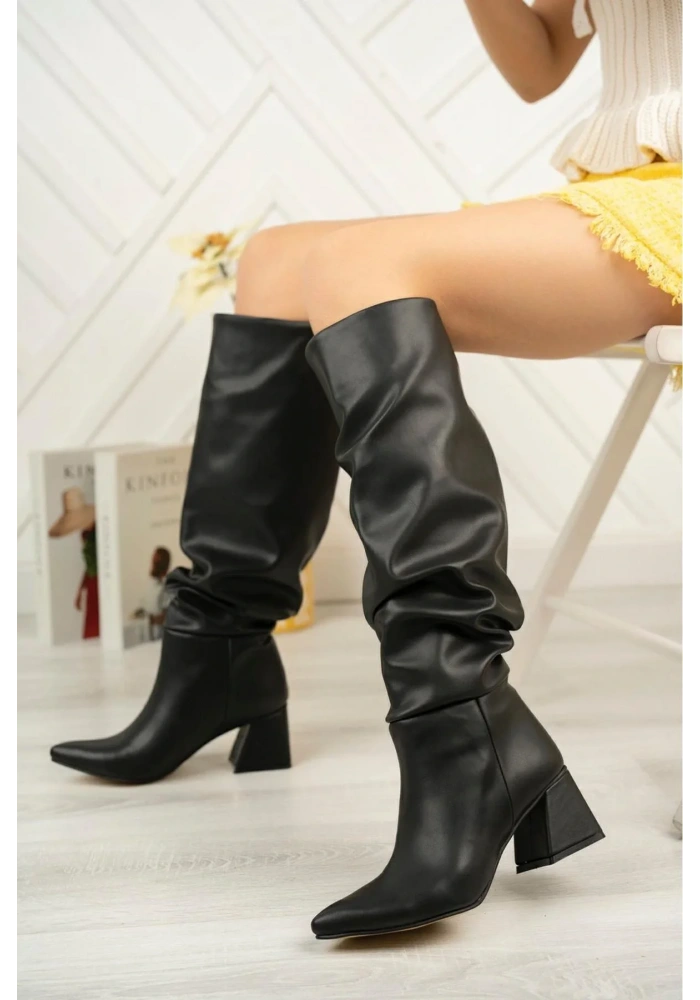 SYT-2002 Siyah Körüklü Kalın Topuklu Günlük Bayan Çizme