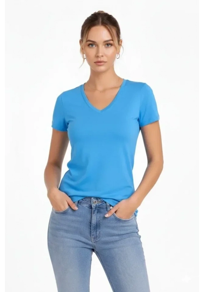 T-Shirt V Yaka Slim Fit Likralı Tişört Günlük Basic Body - Açık Mavi